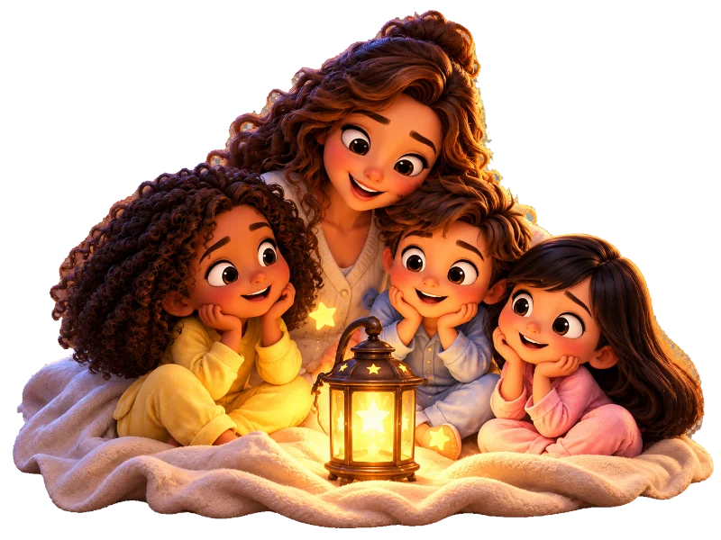 Mãe e crianças reunidas ao redor de uma lanterna
