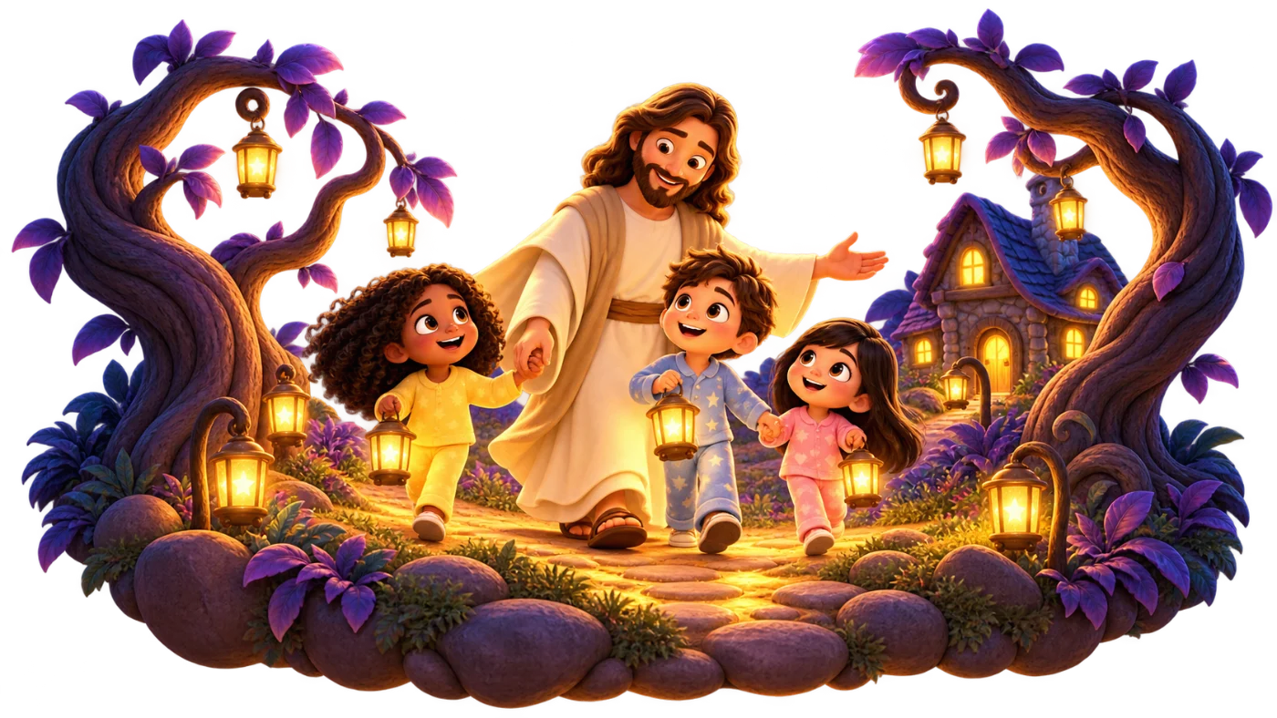 Jesus caminhando com as crianças por um caminho iluminado de lanternas